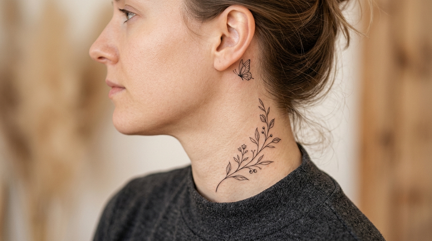 Женская тату на шее сбоку — минималистичная ботаническая ветка и бабочка за ухом, тонкие линии