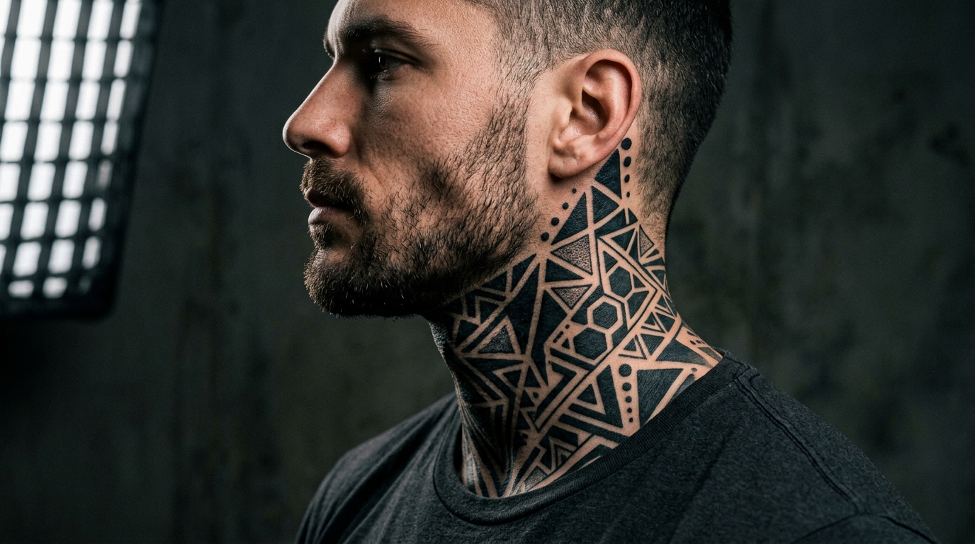 Мужская тату на шее — геометрический блэкворк, покрывающий боковую поверхность шеи, драматическое освещение