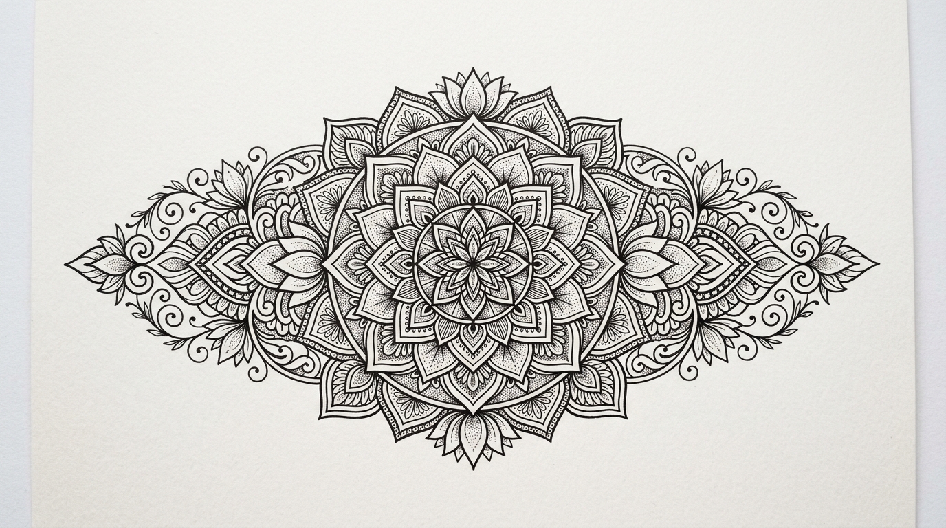 Эскиз мандалы для тату на задней части шеи — симметричный орнамент в стиле дотворк