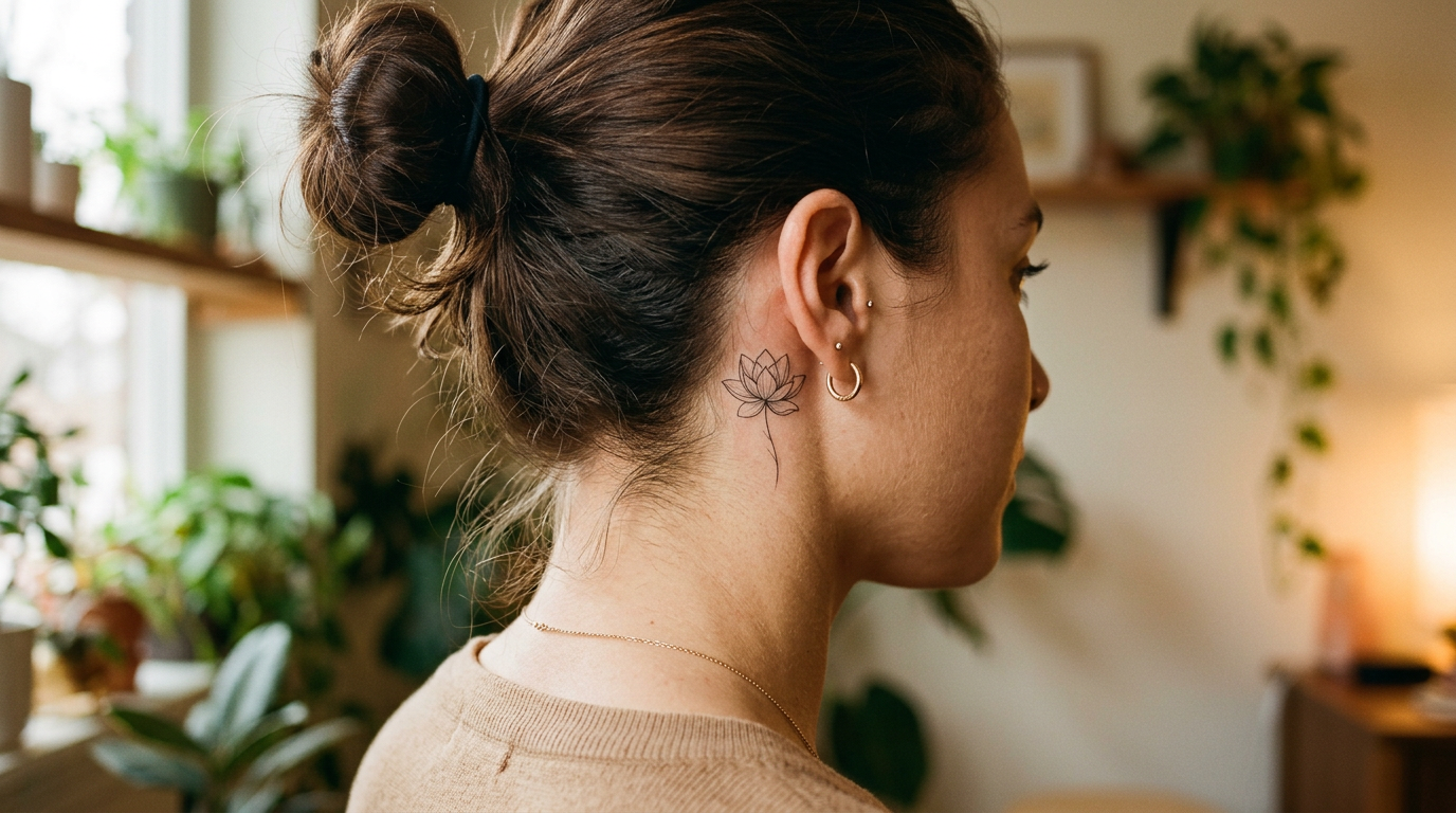 Тату лотоса на шее сзади у девушки — тонкие линии, нежный цветочный мотив