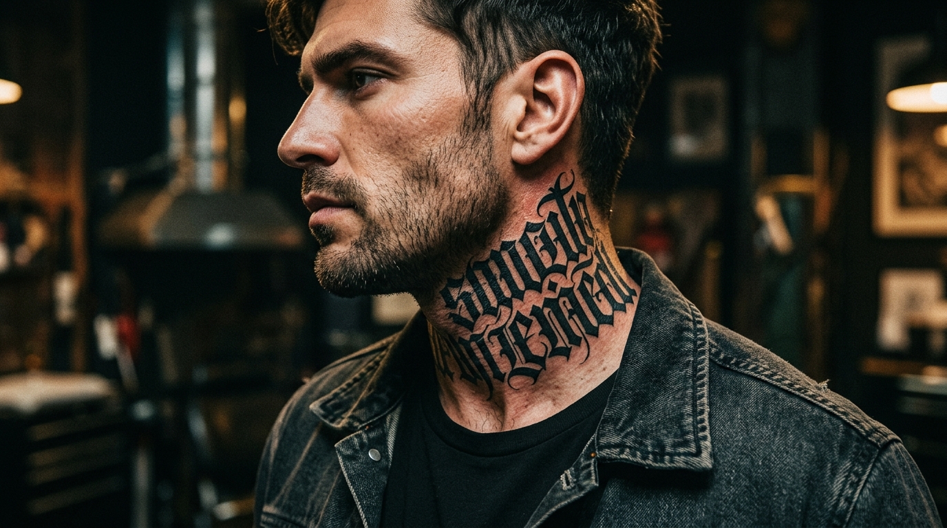 Мужская тату-надпись готическим шрифтом на боковой стороне шеи, тёмная атмосфера