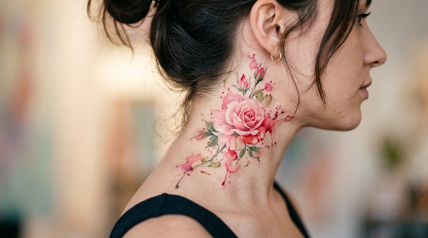 Акварельная роза на шее девушки — яркие розовые и красные тона в стиле акварель