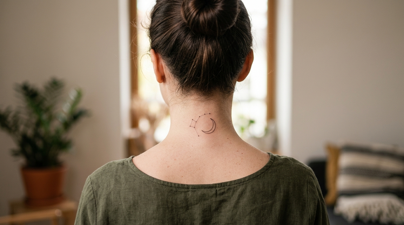 Тату созвездия и полумесяца на задней стороне шеи — тонкие линии, минималистичный дизайн