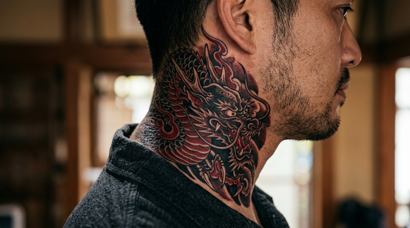 Мужская тату японского дракона на шее — традиционный стиль ирэдзуми, чёрно-красные тона
