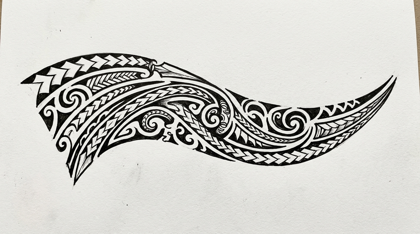 Эскиз трайбл-узора для боковой стороны шеи — полинезийские мотивы, жирные чёрные линии