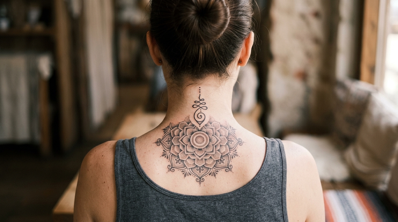 Дотворк-мандала на задней стороне шеи — точечная техника, симметричный орнамент на женской коже