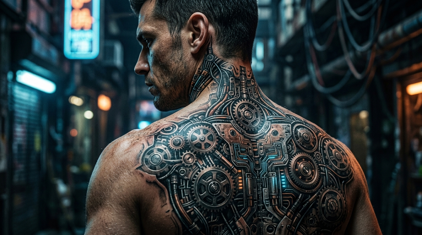 Биомеханическая тату на шее мужчины — шестерёнки и схемы, проступающие сквозь кожу, футуристический стиль