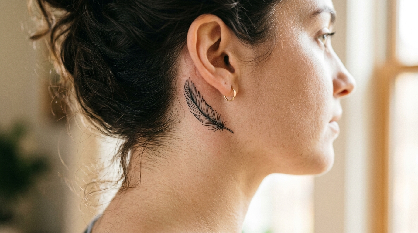 Маленькое перо за ухом — тонкие линии, минималистичный дизайн тату для девушки
