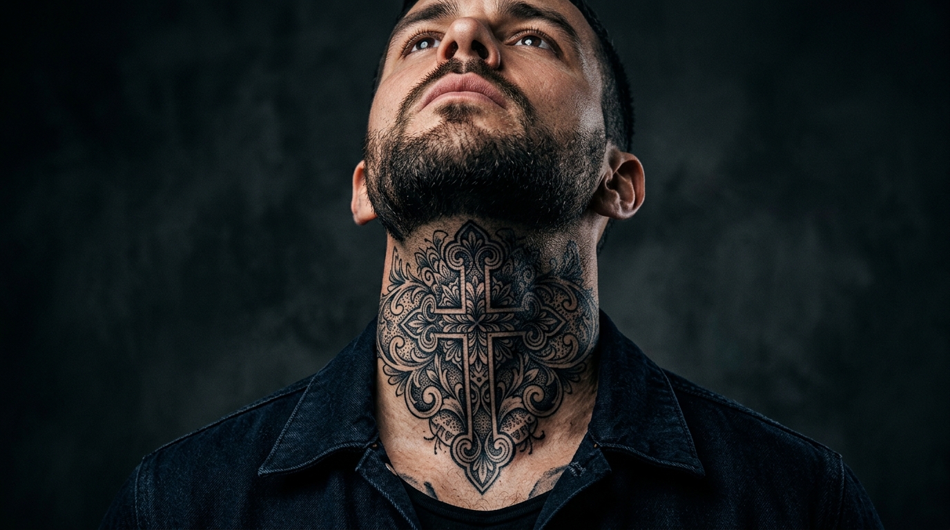 Мужская тату на передней части шеи — орнаментальный крест в стиле блэкворк
