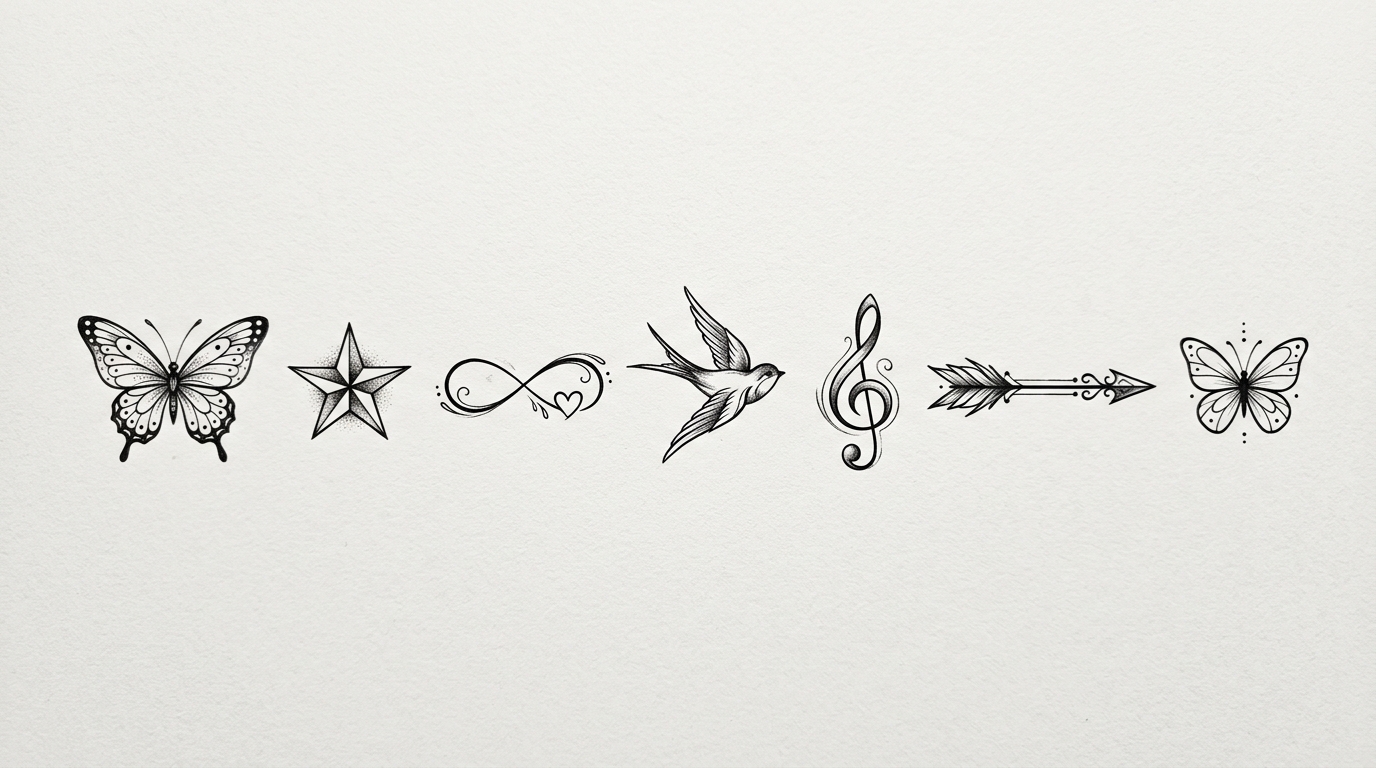 Коллекция маленьких эскизов тату для шеи — бабочка, звезда, бесконечность, птица, нота, стрела