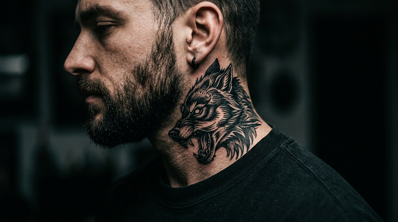 Мужская тату волка на шее сбоку — реалистичный стиль, блэкворк, драматическое контрастное освещение