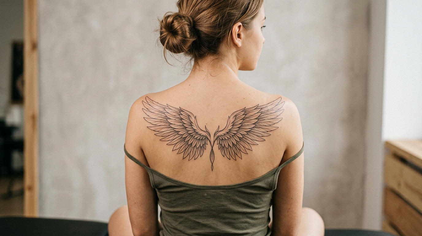 Крылья ангела — тату на лопатках женской спины