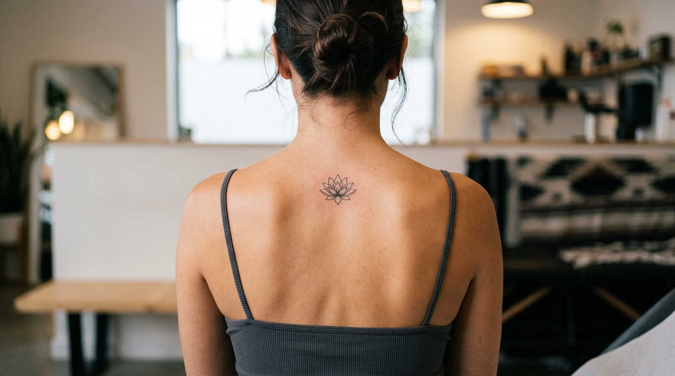 Маленький лотос между лопатками — минималистичная тату для девушки