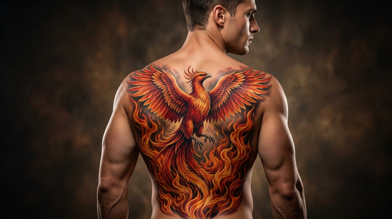 Тату феникса в огне на спине — яркий реалистичный стиль