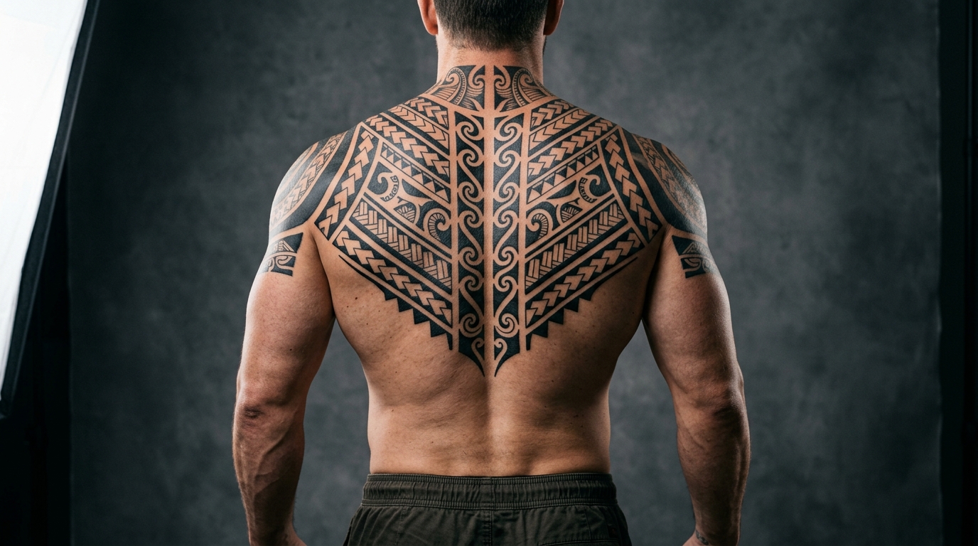 Полинезийский трайбл — тату на верхней части спины и плечах