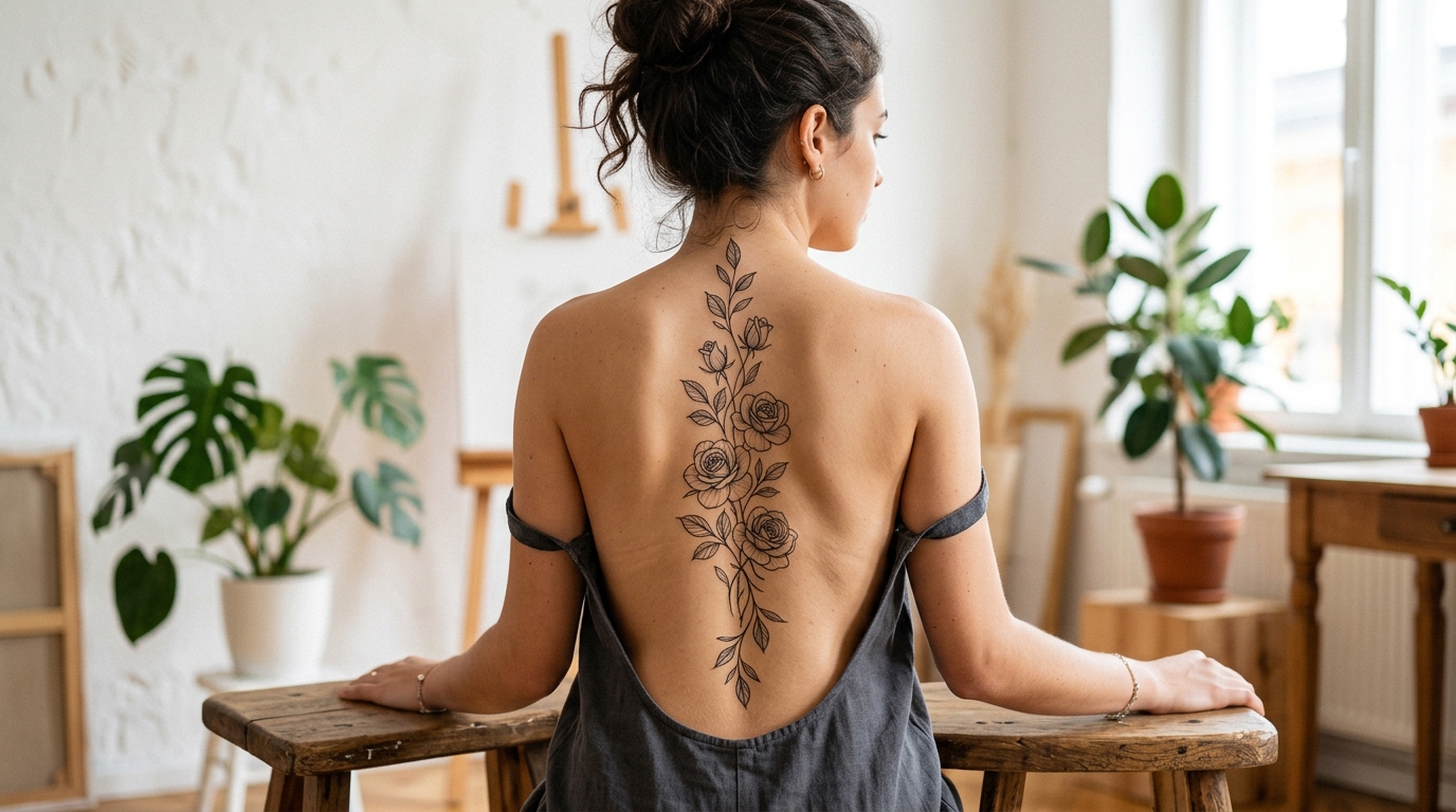 Цветочная тату вдоль позвоночника — нежные розы в стиле файнлайн