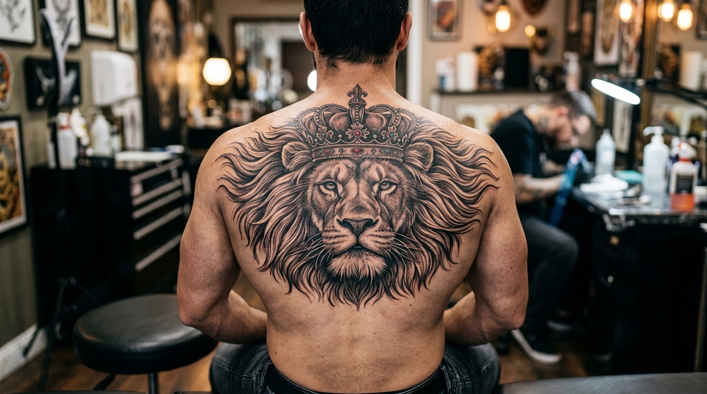 Реалистичный лев с короной — тату на спине в стиле реализм