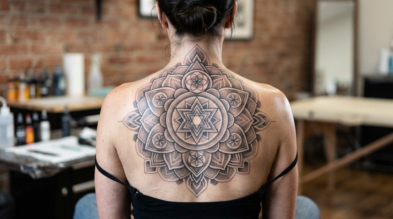 Дотворк мандала — геометрическая тату на верхней части мужской спины