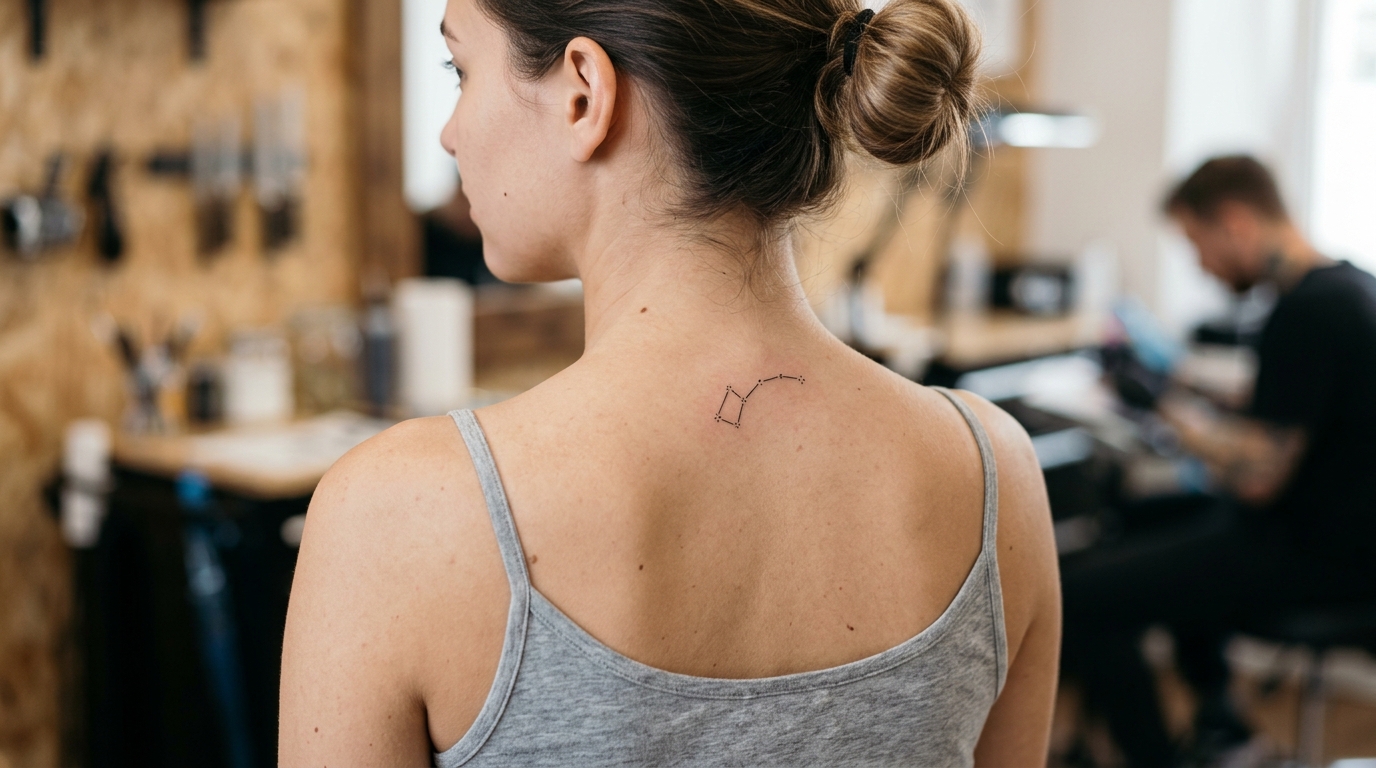 Маленькое созвездие из тонких линий на верхней части спины девушки