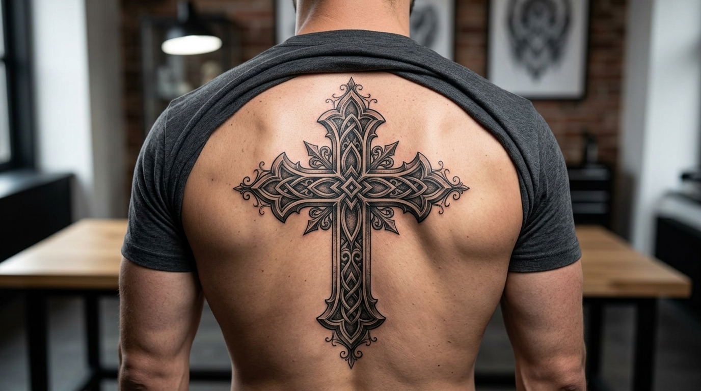 Готический крест — тату между лопатками на спине мужчины
