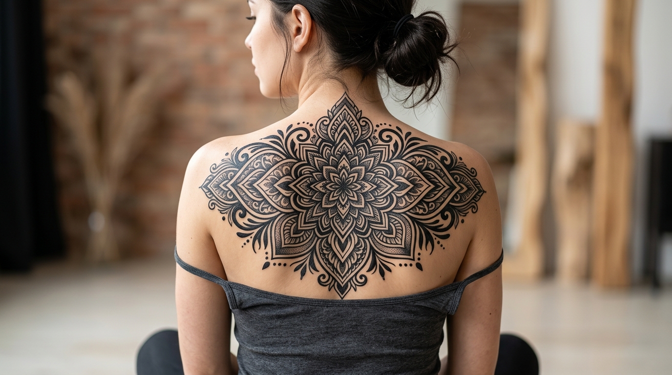 Блэкворк орнамент на спине — плотный чёрный узор покрывает лопатки