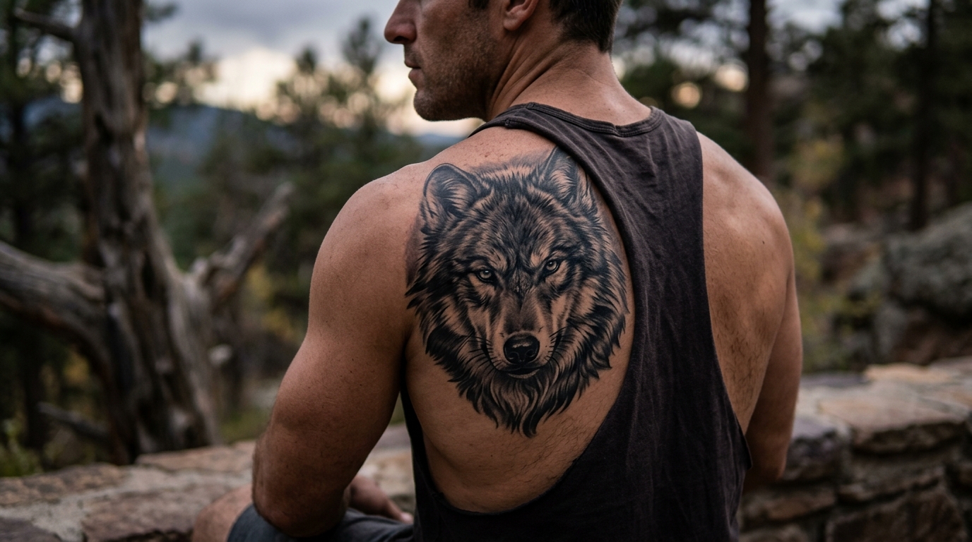 Реалистичный волк на лопатке — тату в чёрно-сером реализме