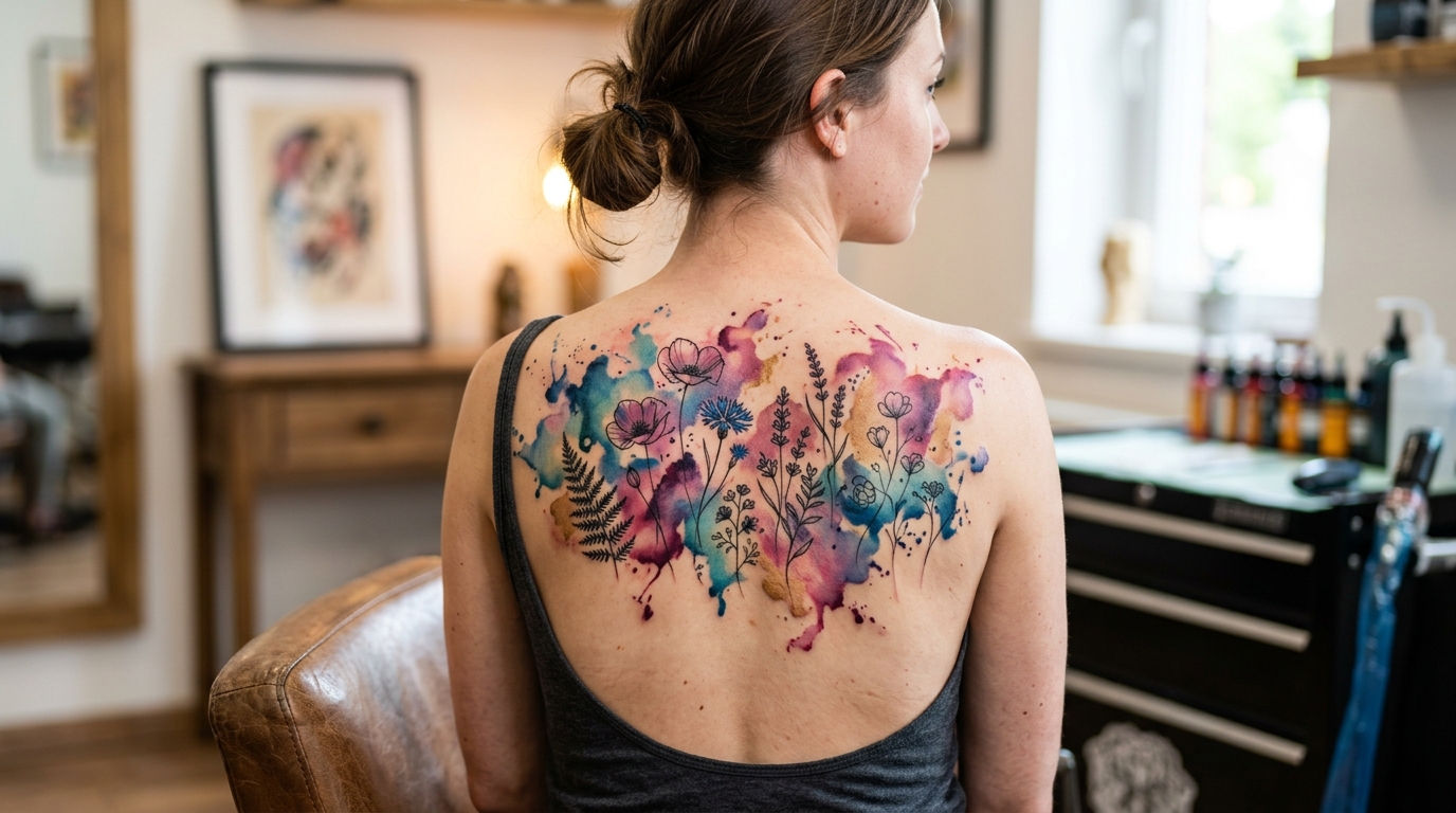 Акварельная тату с цветами на спине девушки — мягкие розово-фиолетовые тона