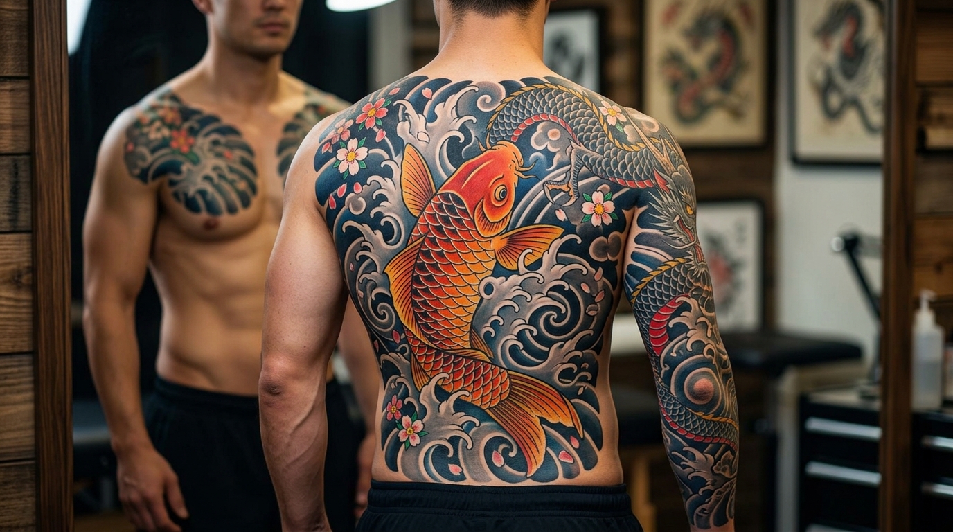 Карп кои в волнах — японский стиль тату на спине