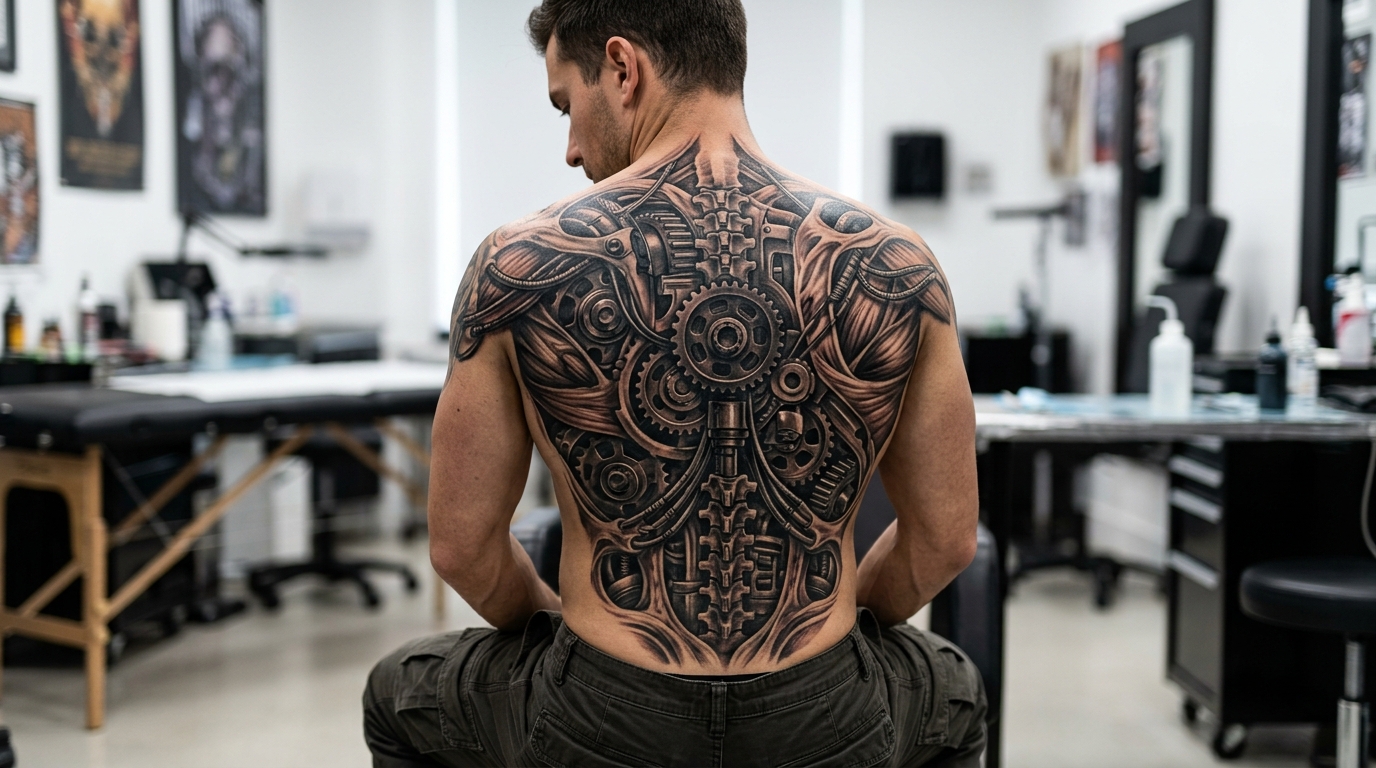 Биомеханическая тату на спине — сплетение механизмов и органики