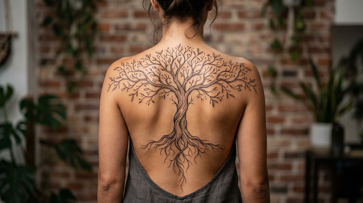 Дерево жизни — тату на спине девушки с ветвями на лопатках и корнями по позвоночнику