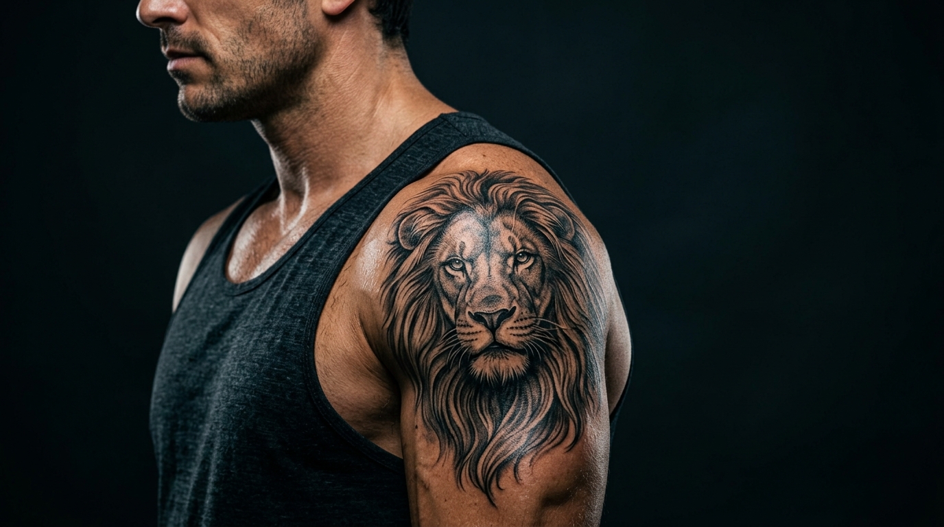 Реалистичная татуировка льва на мужском плече, чёрно-серый стиль