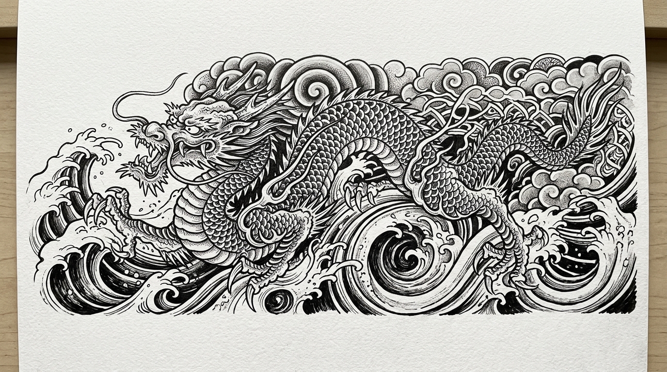 Эскиз дракона в японском стиле, чёрные чернила, традиционный иредзуми