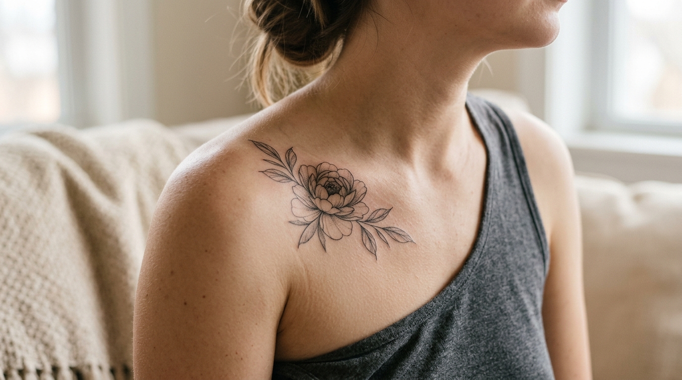 Женская тату пион на плече в стиле файнлайн, тонкие линии