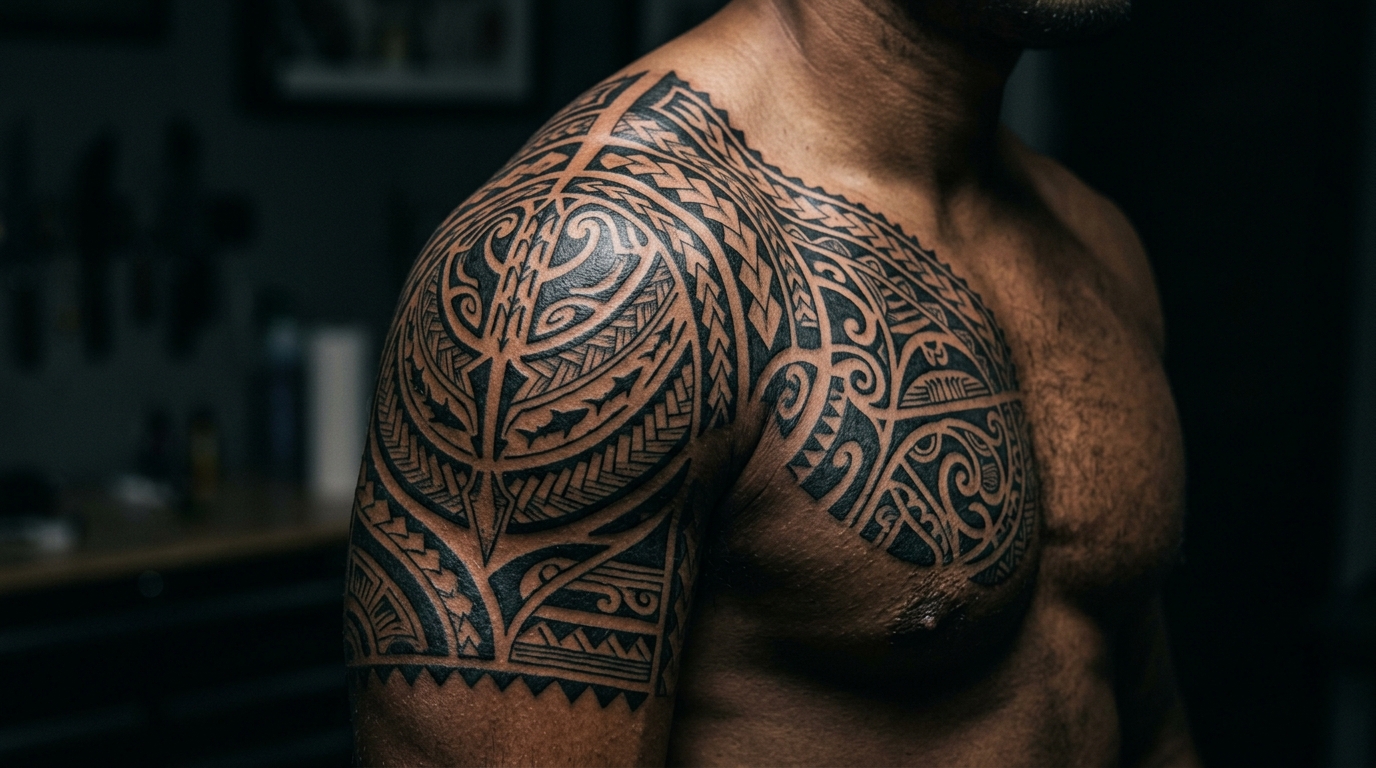 Полинезийский трайбл на мужском плече, чёрный орнамент