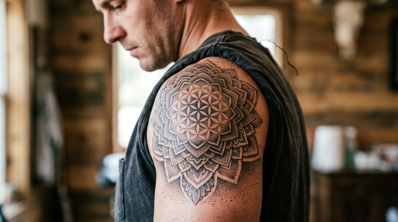 Дотворк мандала на мужском плече, точечная техника