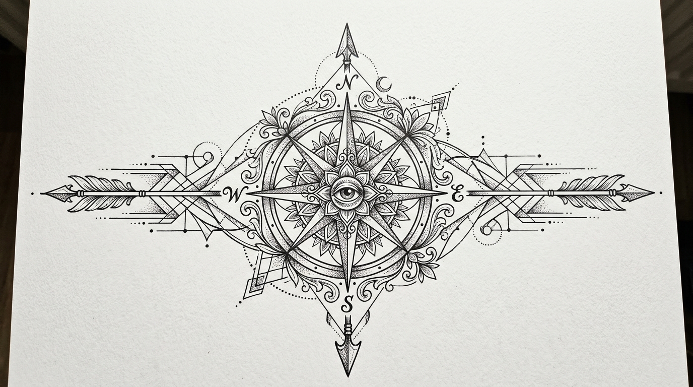 Орнаментальный компас с геометрическими элементами, эскиз тату