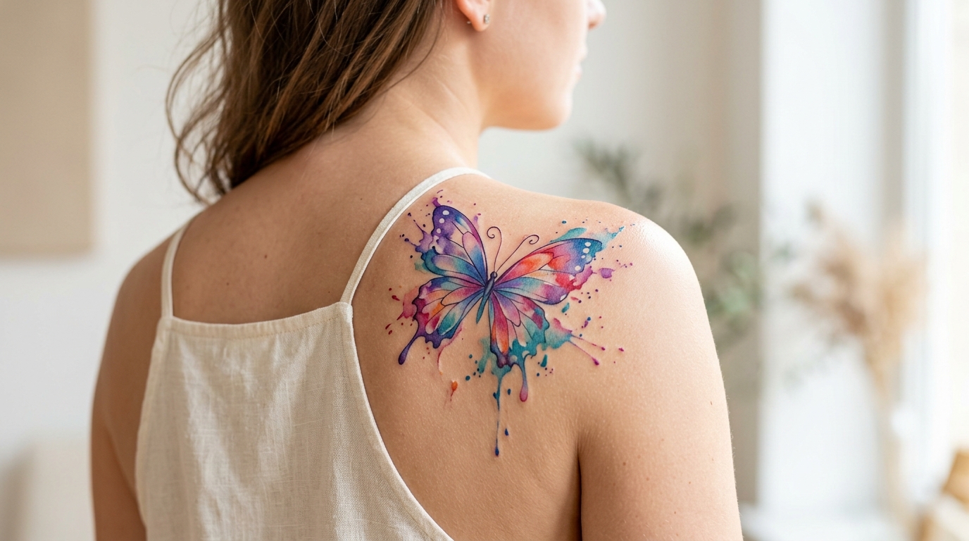 Акварельная тату бабочки на женском плече, яркие краски