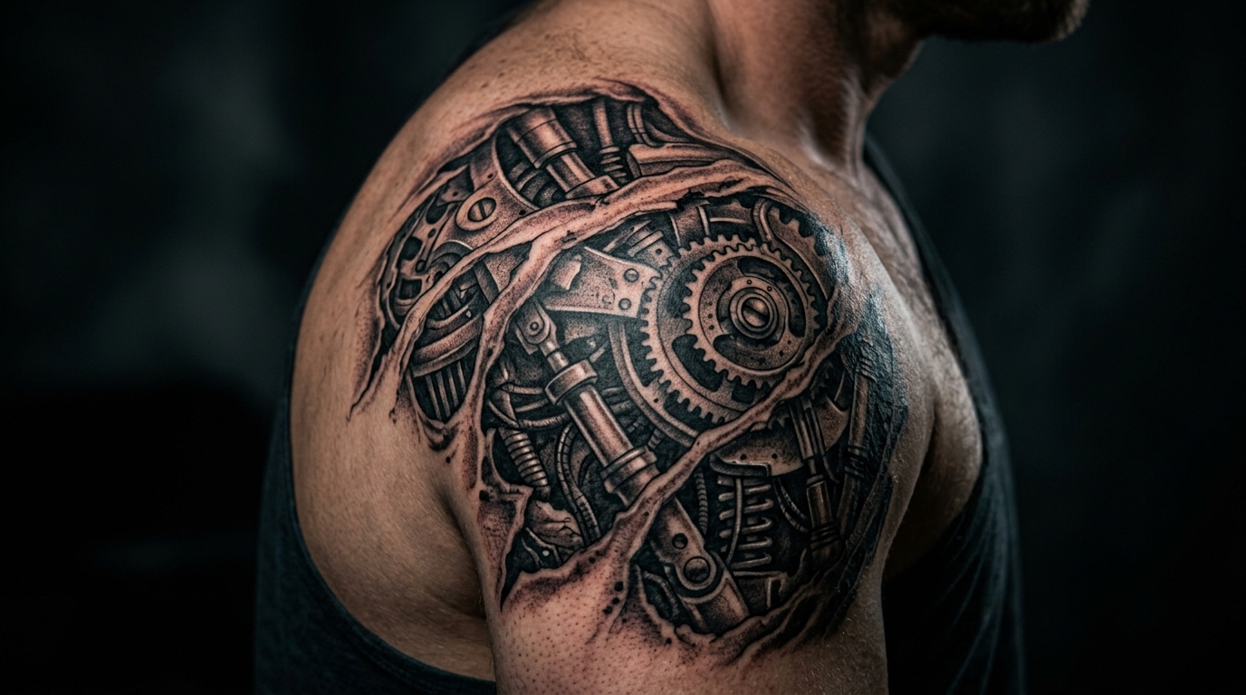 Биомеханическая татуировка на мужском плече, шестерни под разорванной кожей