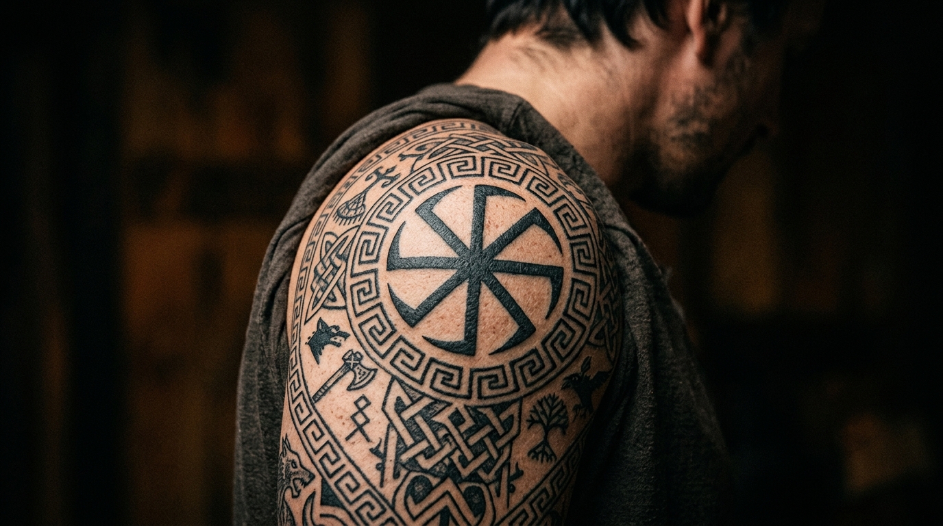 Славянский орнамент на мужском плече, этнические языческие символы