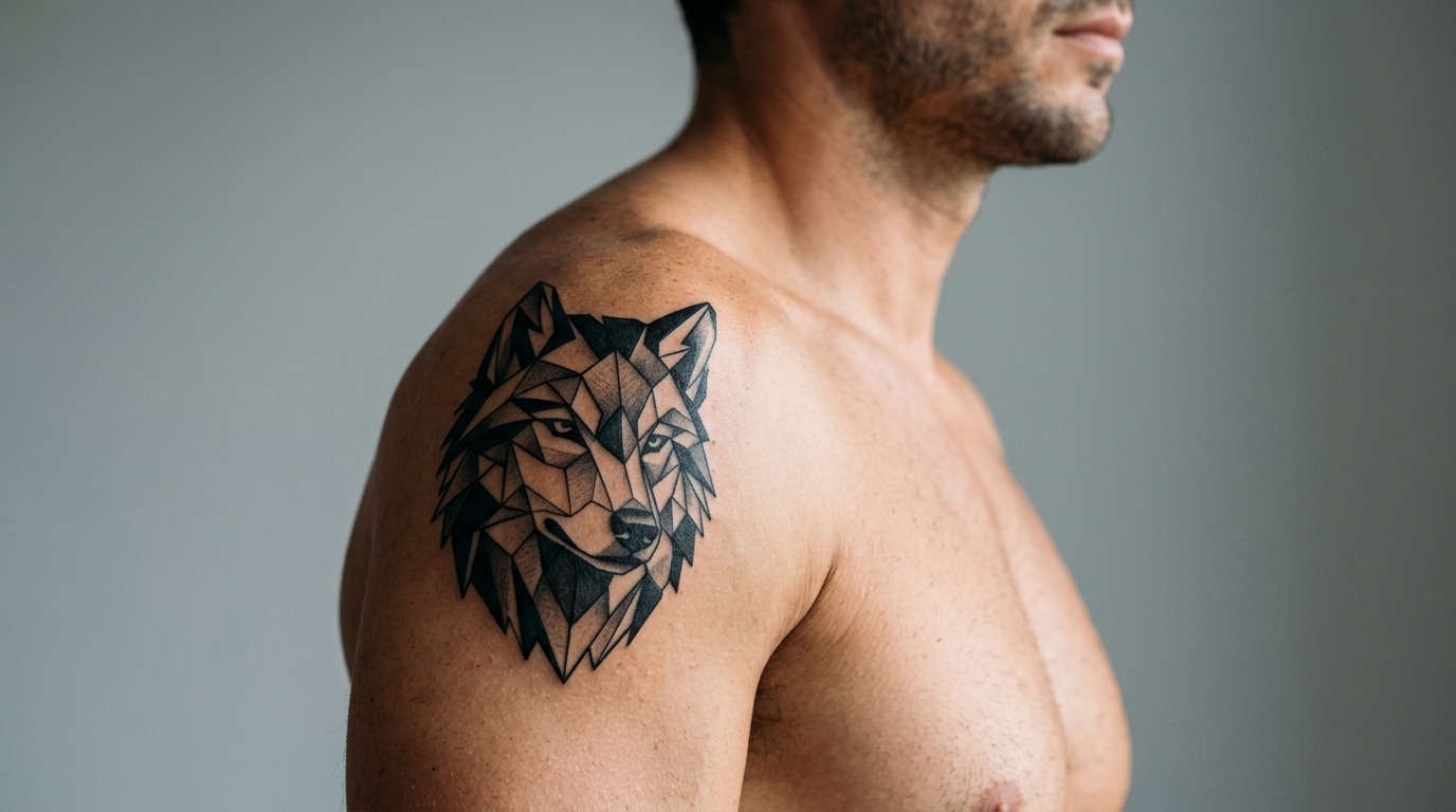 Геометрическая тату волка на мужском плече, лоу-поли стиль