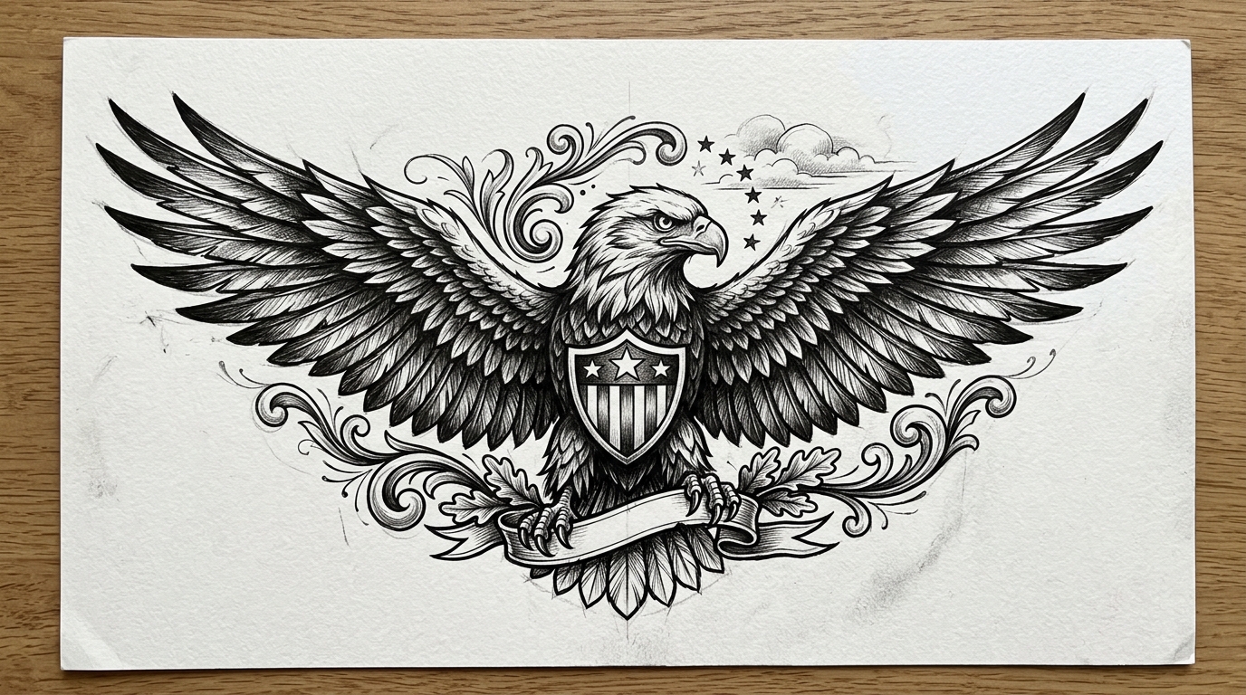Эскиз орла с расправленными крыльями, чёрные чернила, тату-флэш