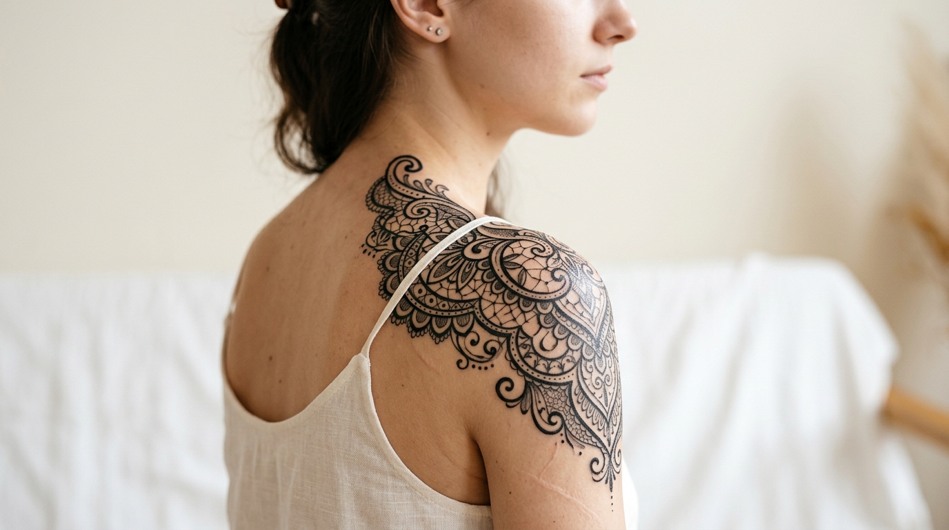 Кружевной орнамент на женском плече, блэкворк