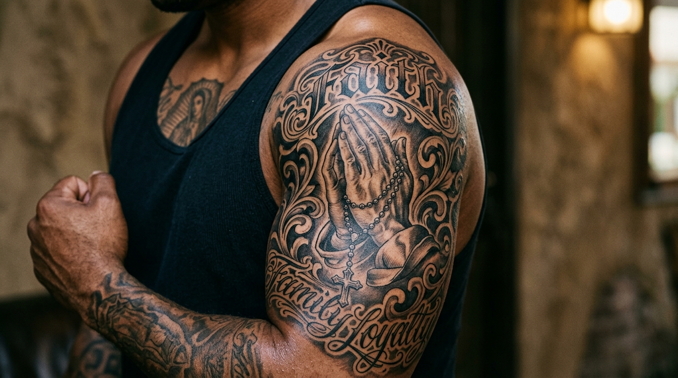Чикано тату на мужском плече, молящиеся руки с чётками