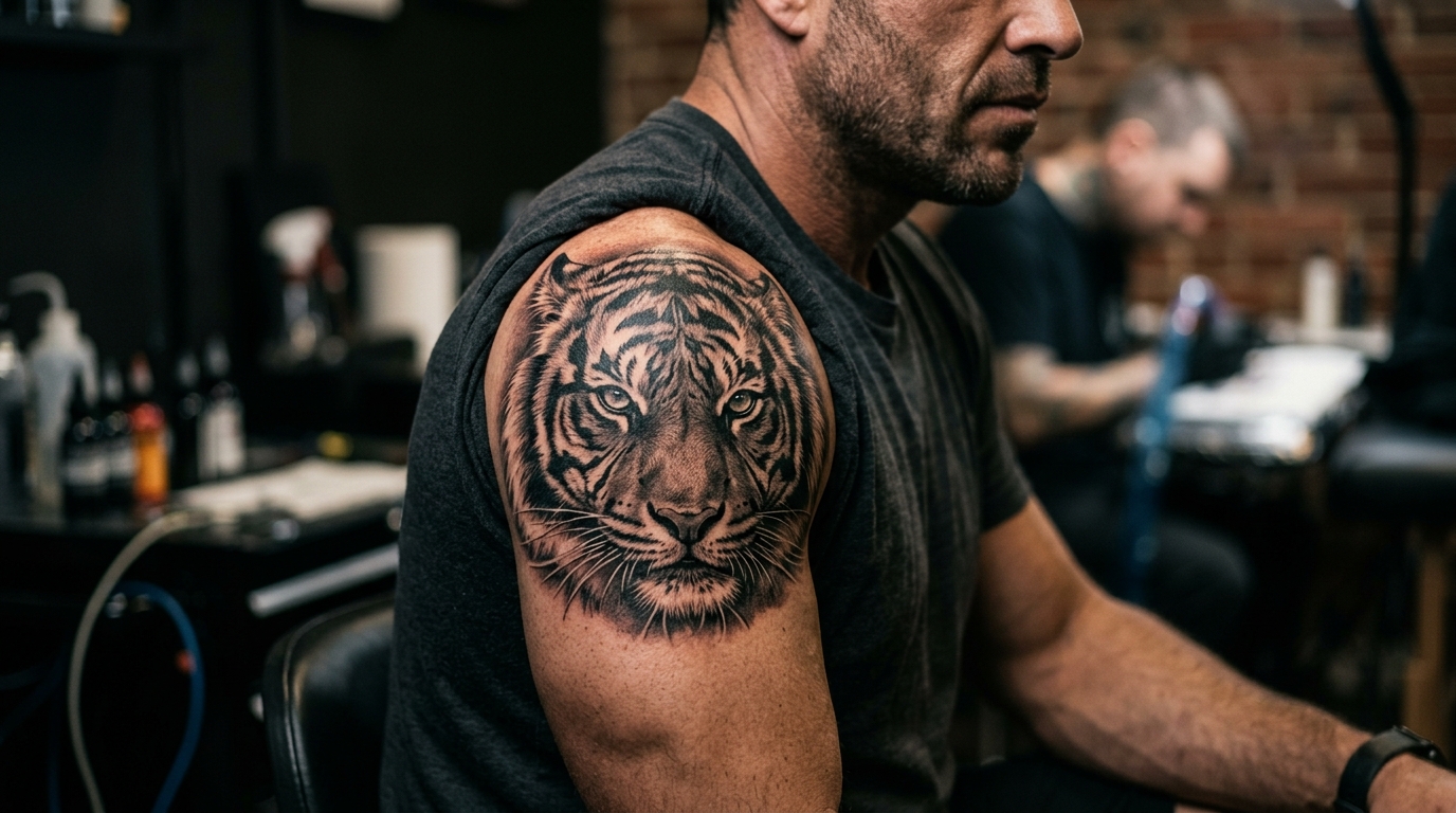 Тату тигра на мужском плече в стиле реализм, чёрно-серый