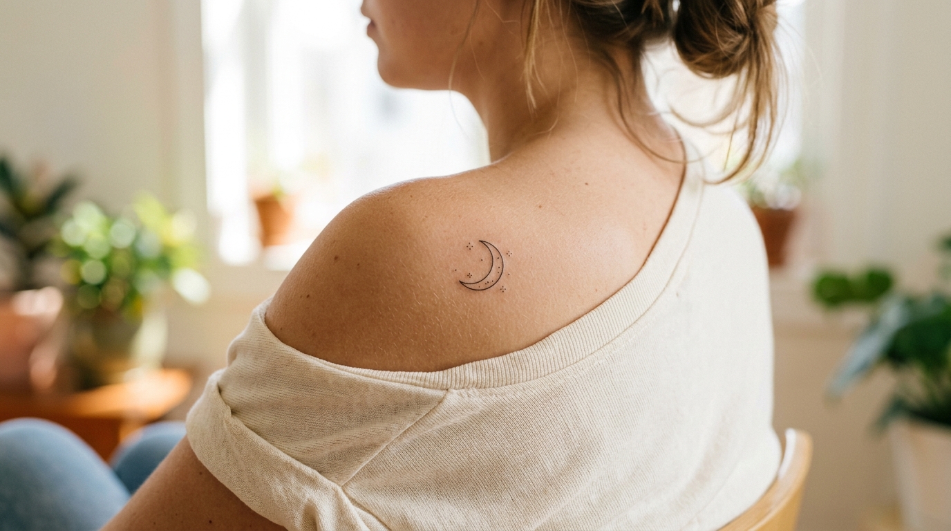 Минималистичная тату полумесяц со звёздами на женском плече