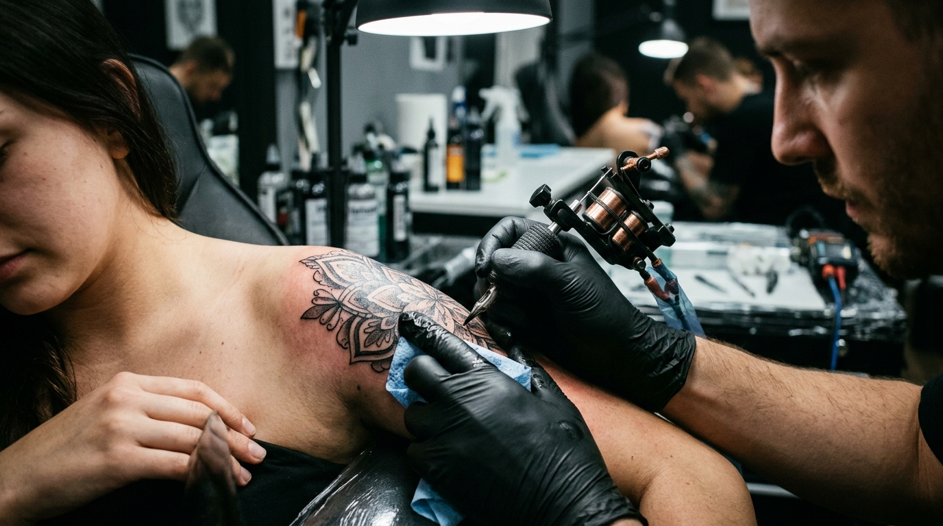 Процесс нанесения татуировки на плечо в профессиональном салоне
