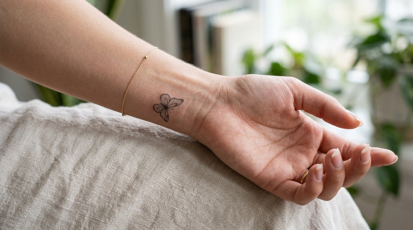 Маленькая бабочка тату на запястье у девушки