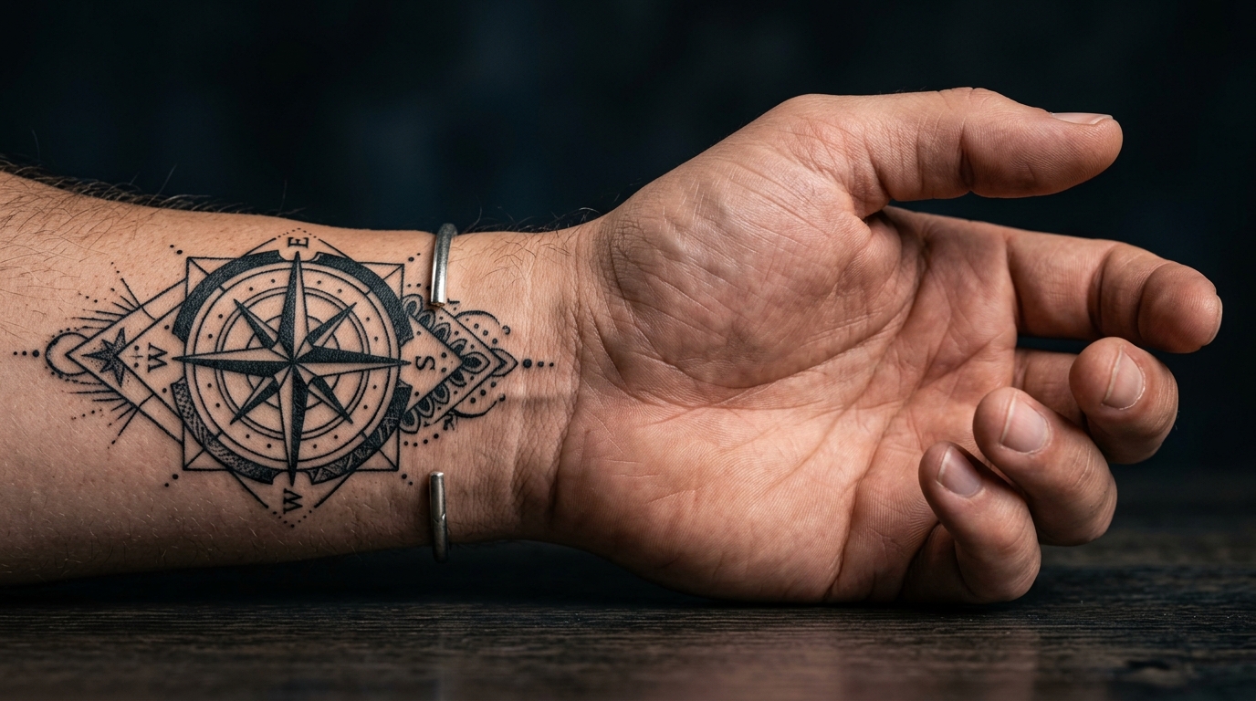 Мужская тату компас в геометрическом стиле на запястье