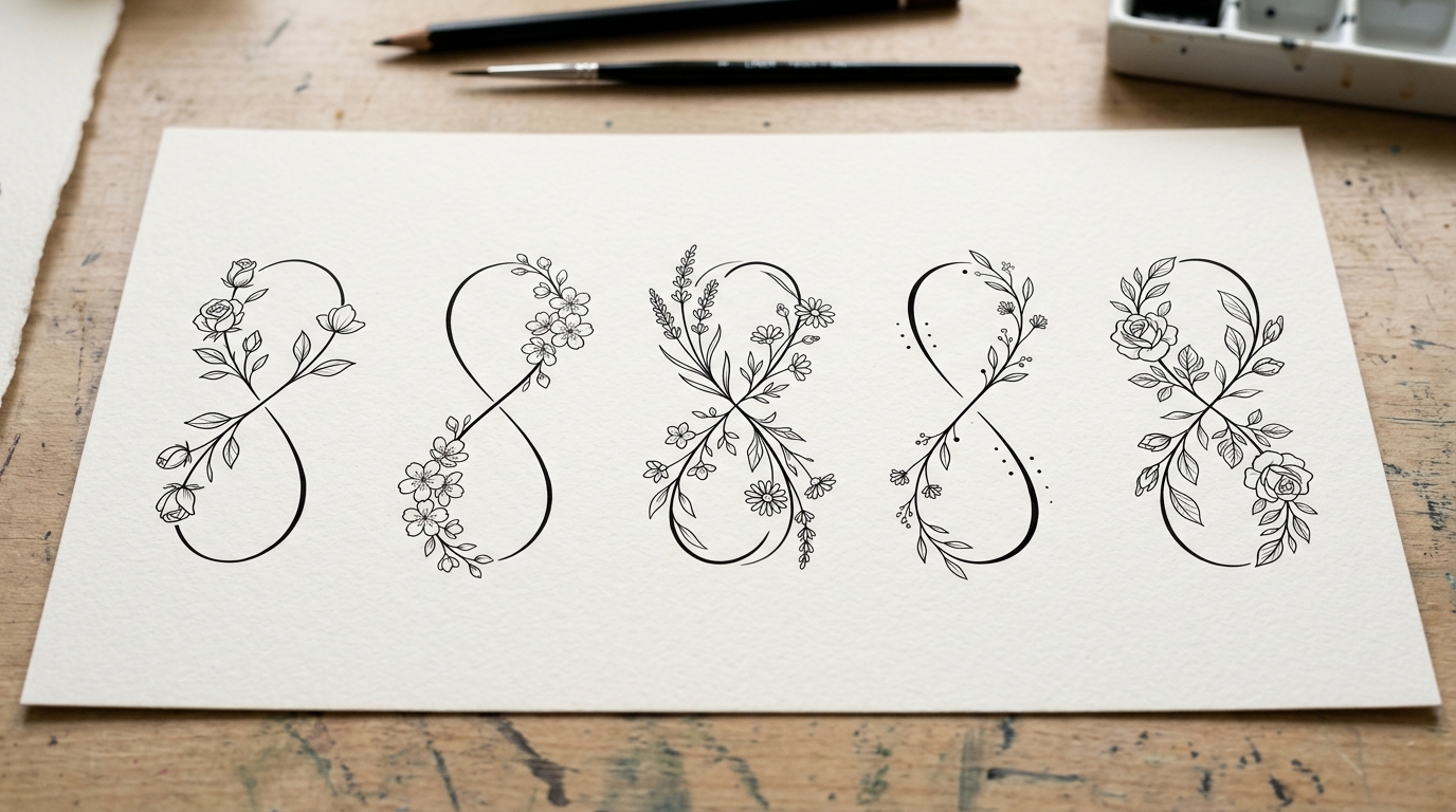 Эскиз тату бесконечность с цветами для запястья