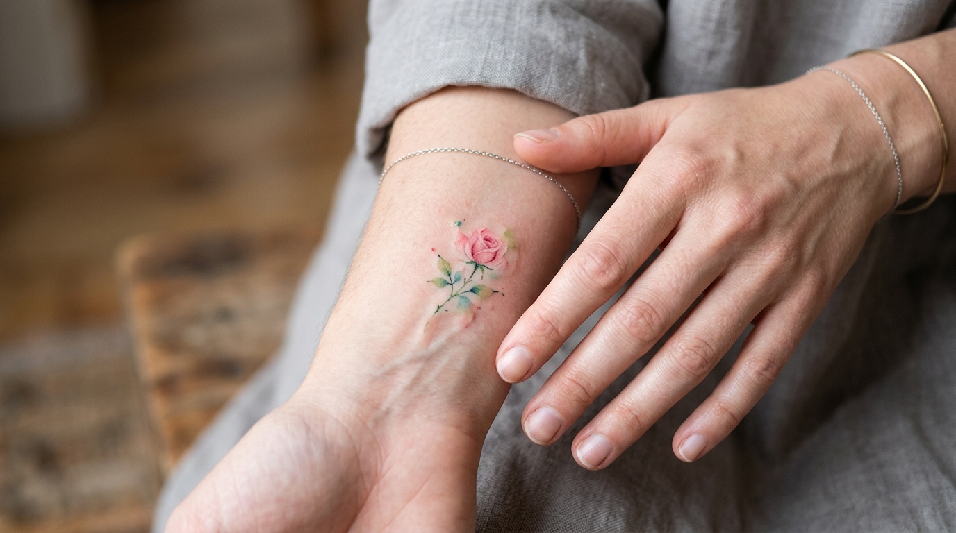 Акварельная тату роза на запястье у девушки